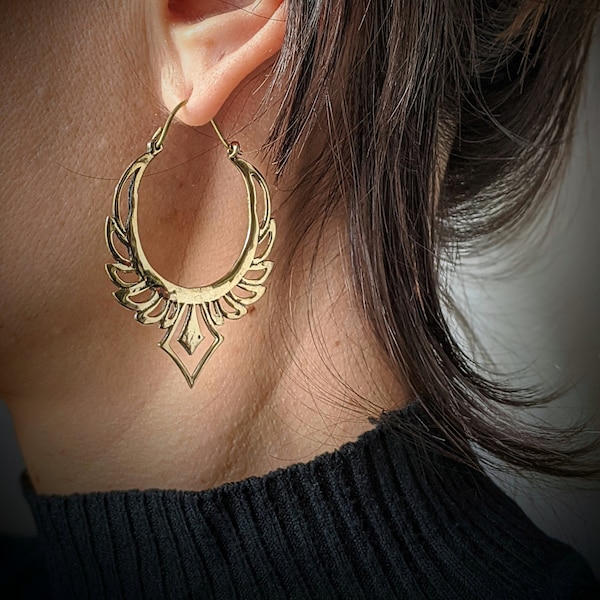 Goddess Brass Hoop Earrings . Gold Statement Earrings . Big Hoops . Wing Earrings . Feather Lotus Earrings . FREE SHIPPING Canada