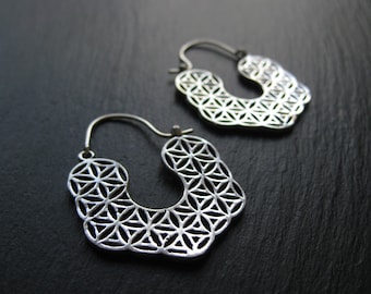 Flower of Life Hoop Earrings . Silver or Gold . Brass Sacred Geometry Jewelry . Mandala Geometric Earrings . Spiritual Yoga Jewellery