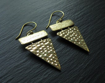 Dangle Brass Triangle Earrings . Hammered Textured Metal Jewelry . Geometric Artisan Earrings . Modern Minimalist . FREE SHIPPING CANADA