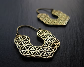 Brass Flower of Life Hoop Earrings . Gold Sacred Geometry Jewelry . Mandala Geometric Earrings . Spiritual Yoga Jewellery