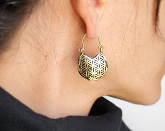 Chunky Brass Flower of Life Hoops . Gold Earrings Mandala . Sacred Geometry Jewelry . Spiritual Yoga Jewellery . FREE SHIPPING Canada