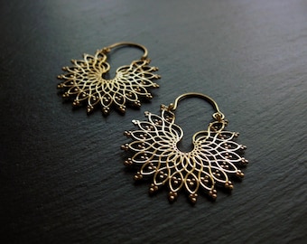 Mandala Flower Brass Hoop Earrings . Boho Chic Dainty Elegant Festival Earrings . FREE SHIPPING Canada