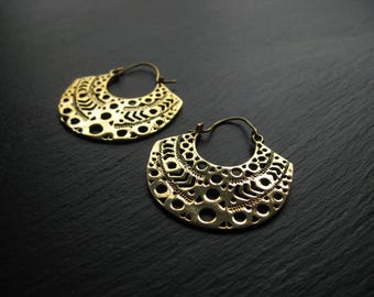 Chunky Crescent Hoop Earrings in Brass . Ethnic Jewelry . Handstamped Geometric Statement Earrings . FREE SHIPPING in CANADA