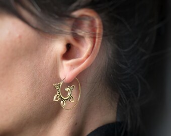 Dainty Spiral Hoop Earrings . Brass Threader Mandala . Flower Hoops . Gypsy Gold Earrings . Bohemian Jewelry . FREE SHIPPING Canada