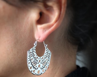 Crescent Handstamped Hoop Earrings . Ethnic Jewelry . Silver Plated Geometric Statement Earrings . FREE SHIPPING in CANADA