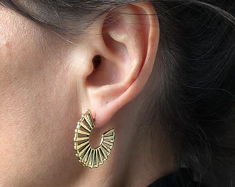 Brass C Hoop Earrings . Open Hoops with Backings . Modernist Golden Chunky Earrings