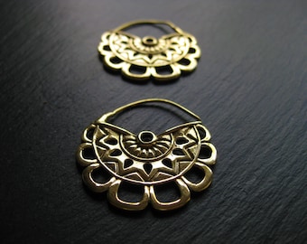 Exotic Brass Hoop Earrings . Mayan Gold Statement Earrings . Ethnic Jewelry . Gauge Hoops . Flower Earrings . FREE SHIPPING CANADA
