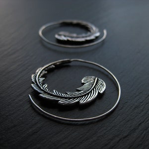Feather Hoop Earrings . Spiral Threader Hoops . Silver Plated . Leaf Earrings . Bohemian Hippie Chic Jewelry . FREE SHIPPING Canada