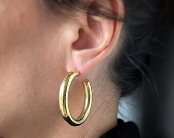 Chunky Tube Hoops . BRASS Earrings . Gold Minimalist Statement Earrings . Simple Stud Hoops