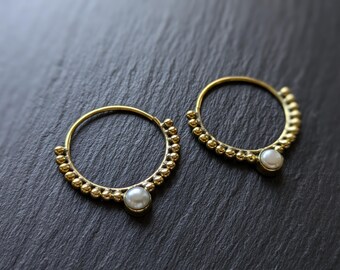 Infinity Brass Hoop Earrings with Small Stone : Pearl . Labradorite . Amethyst. Exotic Bohemian Style Jewelry