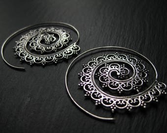 Dainty Spiral Hoop Earrings . Silver Mandala . Bohemian Hippie Chic Jewelry . Infinity Earrings . Lace Earrings . FREE SHIPPING CANADA