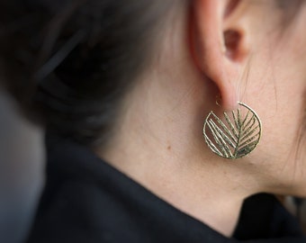 Brass Leaf Stud Hoops .  Botanical Earrings . Plant Jewelry . Hoops with Butterfly Closure . Boho Earrings . Organic Design