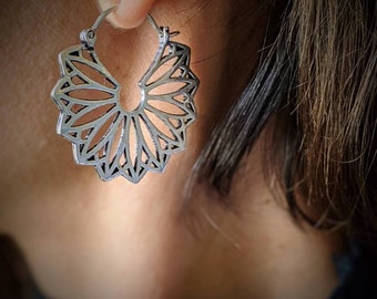 Silver Mandala Hoop Earrings . Statement Hoops . Fan Earrings. Half Circle Earrings . Geometric . FREE SHIPPING CANADA