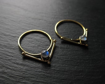 Small Stone Hoop Earrings in Brass . Handmade Artisan Earrings . Ethnic Jewelry . Infinity Hoops . Unisex Earrings