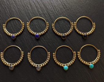 IMPERFECT . Infinity Brass Hoop Earrings with Small Stone : Labradorite . Turquoise . Lapis Lazuli . Onyx . Exotic Bohemian Style Jewelry
