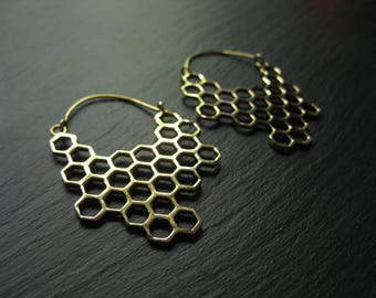 Molecule Brass Hoop Earrings . Honeycomb Statement Hoops . Festival Earrings . FREE SHIPPING CANADA
