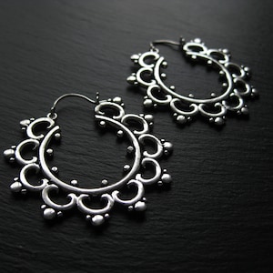 Big Mandala Hoops . Silver Plated . Flower Bohemian Earrings . Gauge Hoops . Tribal Boho Chic Festival Earrings . FREE SHIPPING in CANADA