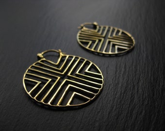 Modernist Brass Hoop Earrings . Geometric Round Circle Hoops . Elegant Urban Festival Earrings . FREE SHIPPING Canada