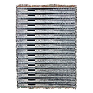 May include: Black and white striped throw blanket with a fringe border. The blanket has a geometric pattern.