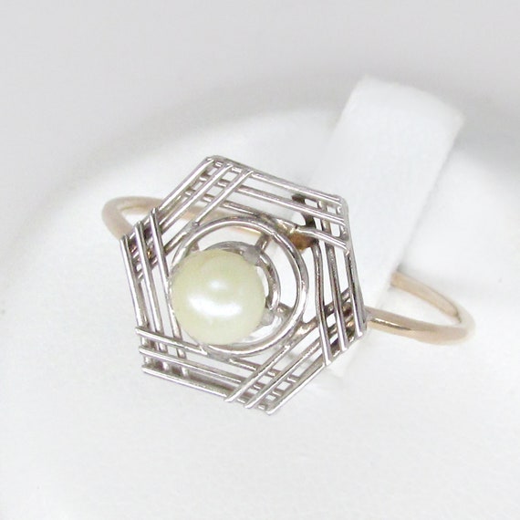 14k gold pearl ring, white pearl ring, art deco ri