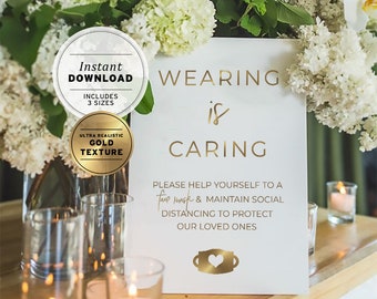 Kiki Minimalist Gold Wedding Wearing is Caring Mask Wearing Sign Printable Instant Download #017