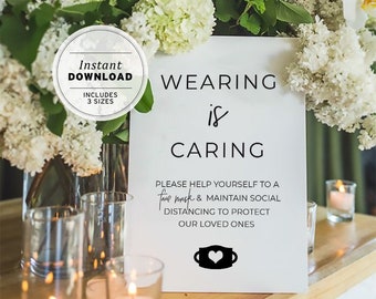 Kiki Minimalist Wedding Mask Wearing is Caring Sign Printable Instant Download #004