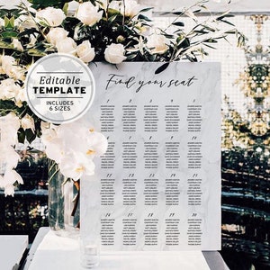 Classic Modern Marble Wedding Seating Chart | EDITABLE TEMPLATE, Printable #009