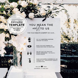 Kiki Minimalist You Mean the World to Us COVID-19 Wedding Safety Sign Printable Editable Template #004