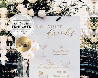 Classic Modern Gold Signature Drinks Menu Sign, His and hers, Bar Menu, Bar Sign, Drinks Sign, Printable Editable Template #025