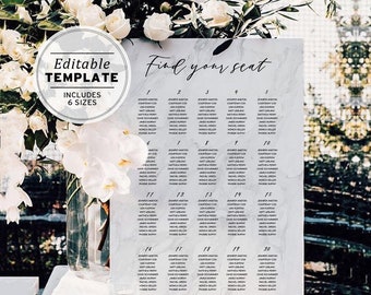 Classic Modern Marble Wedding Seating Chart | EDITABLE TEMPLATE, Printable #009