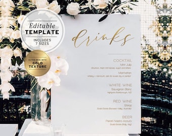 Modern Gold Wedding Drink Menu, Bar Menu, Drinks Sign, Bar Sign, Printable Editable Template #025