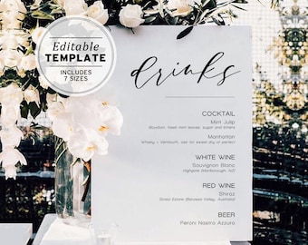 Classic Modern Wedding Drinks Menu, Bar Menu, Bar Sign, Drinks Sign, Printable Editable Template #002