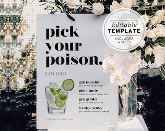 Pick Your Poison Gin Bar Sign, Bar Menu Printable Editable Template