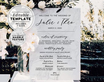 Classic Marble Wedding Order of Ceremony Sign | EDITABLE TEMPLATE, Printable #009