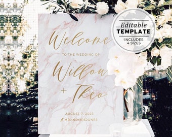 Pink Marble Textured & Gold Wedding Welcome Sign Printable Template #011