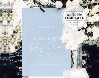 Willkommensschild zur Babyparty, minimalistisches Babypartyschild, Duschdekorationen, digitaler Download, druckbare bearbeitbare Vorlage #036 Puderblau