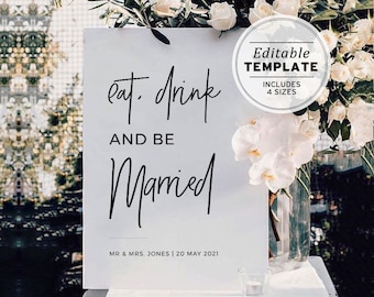 Juliette Wedding Welcome Sign Template, Eat Drink and be Married Reception, Minimalist Modern Wedding Sign, Printable Editable Template #004