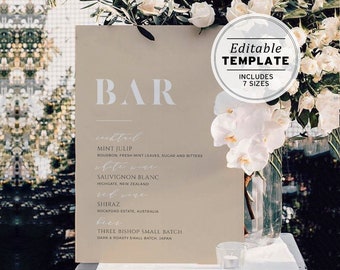 Nue Minimalist Wedding Drinks Menu, Bar Menu, Drinks Sign, Bar Sign, Printable Editable Template #031