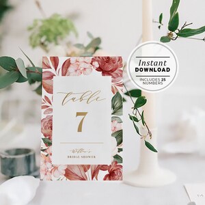 Rose & Gold Watercolor Table Number Sign - Set of 25, EDITABLE TEMPLATE #026