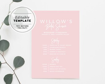 Blush Minimalist Bridal Shower Hen's Weekend Itinerary | EDITABLE TEMPLATE #035