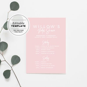 Blush Minimalist Bridal Shower Hen&#39;s Weekend Itinerary | EDITABLE TEMPLATE #035