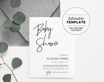 Juliette Minimalist Baby Shower Invitation Template, Gender Neutral Baby Shower Invite, Printable Baby Shower Invite, Editable Invite #004