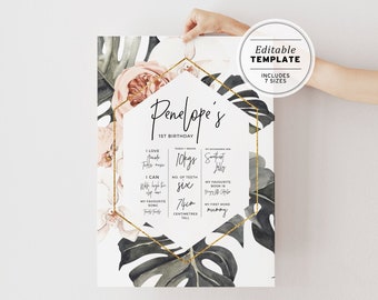 Boho Palms & Roses First Birthday Milestone Poster | EDITABLE TEMPLATE #013