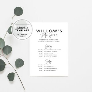 Juliette Minimalist Bridal Shower Hen&#39;s Weekend Itinerary | EDITABLE TEMPLATE #004