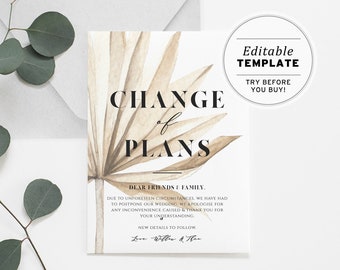 Nue Palm Minimalist Wedding Change of Plans, Change of Date, Postponement Printable Card | EDITABLE TEMPLATE #031