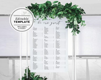 Minimalist Wedding Seating Chart Template, Modern Alphabetical Wedding Seating Sign, Printable Editable Template