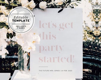 Lets Get This Party Started Bridal Shower Welcome Sign Template, Minimalist Editable Bachelorette Welcome Sign, Hens Party Welcome Sign