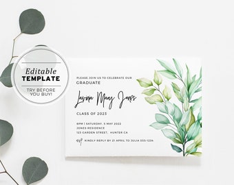 Graduation Party Invitation, Class of 2024, Graduation Invites, Grad Invitation, Printable Editable Template , Classic Leafy