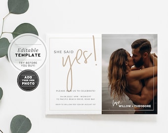 Juliette Minimalist 'She Said Yes!' Engagement Party Invitation, Printable | EDITABLE TEMPLATE #004