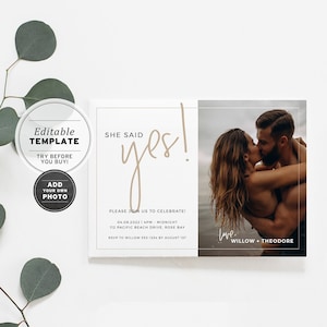 Juliette Minimalist &#39;She Said Yes!&#39; Engagement Party Invitation, Printable | EDITABLE TEMPLATE #004